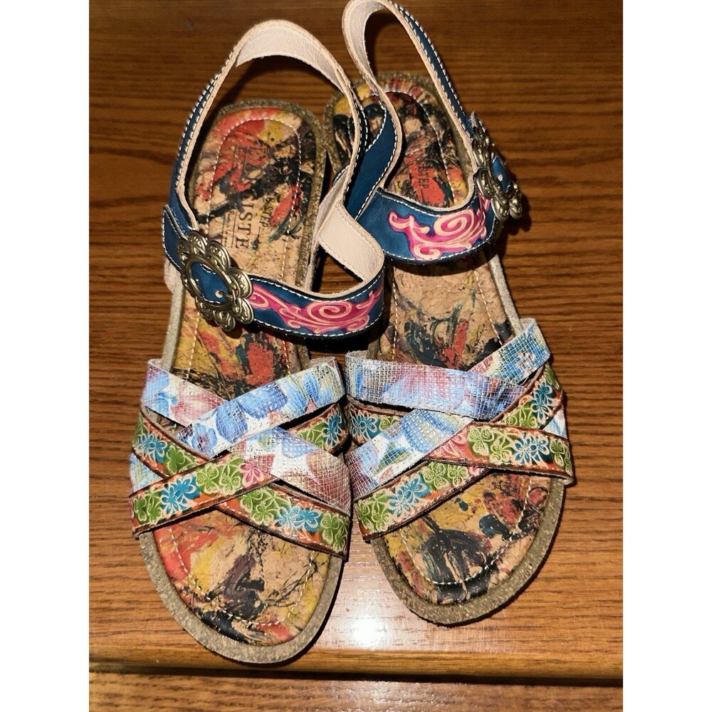 L'ARTISTE BY SPRING STEP AUDRIE WEDGE SANDALS 42 Blue Scrappy Floral Flowers